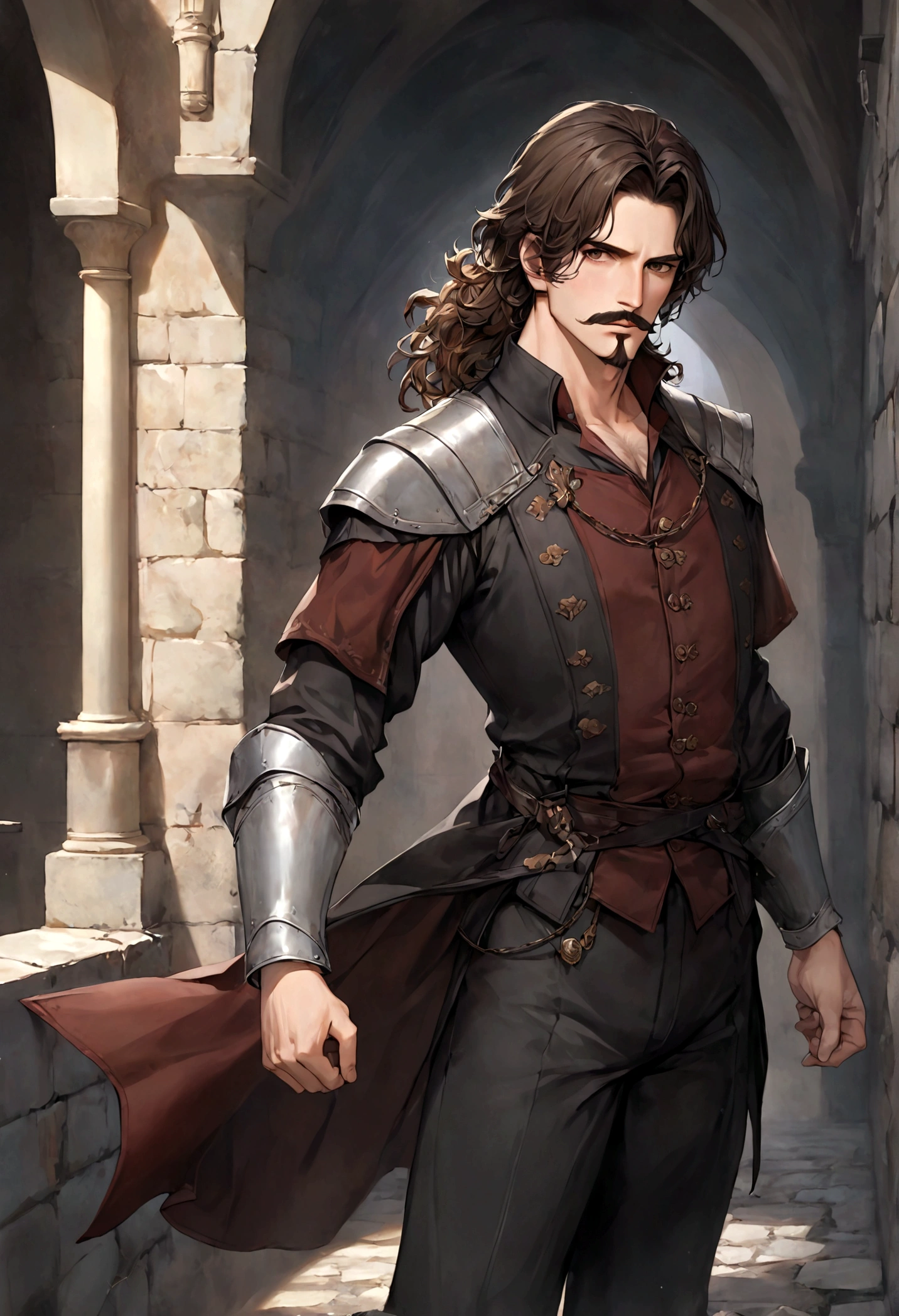 (Una gran armadura medieval para hombre), ), ((bigote estilo Van Dyke y (barba de chivo) "Van Dyke", Van Dyke beard)), (light brown eyes), Aspecto atractivo y serio, ((cabello muy largo oscuro, messy hair)), Elegante y con estilo, armadura, Un hombre maduro similar al actor Jim Morrison con el cabello largo, ((cabello muy largo)), (Imagen realista y de alta calidad), castillo medieval, ((La mejor calidad, 8K, obra maestra).((dynamic pose with forward gaze, viendo al espectador)), (cabello largo pasando los hombros)