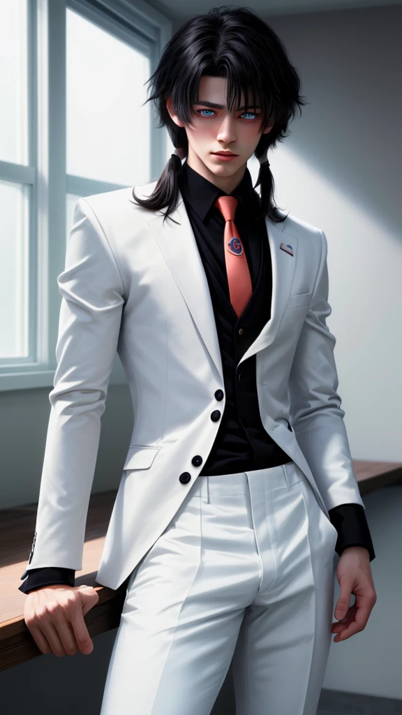 (masterpiece, best quality, detailed), 1boy androgynous and effeminate , solo, looking at viewer, candace, (pale skin, white-skinned boy androgynous 1.3),  no breasts, short hair with long locks, sidelocks, long hair, ((heterochromia)),
pant suit, suit, formal, white short, white Tights , necktie, white pull, basement, (black:1.5), dimly lit, ojou-sama pose, He has an indifferent expression 