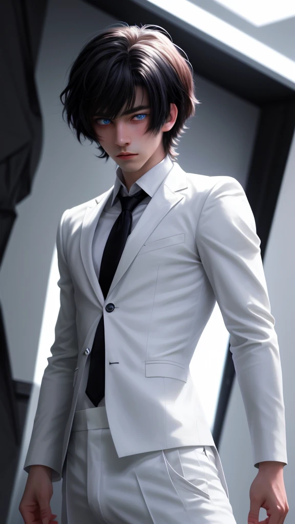 (masterpiece, best quality, detailed), 1boy androgynous and effeminate , solo, looking at viewer, candace, (pale skin, white-skinned boy androgynous 1.3),  no breasts, short hair with long locks, sidelocks, long hair, ((heterochromia)),
pant suit, suit, formal, white short, white Tights , necktie, white pull, basement, (black:1.5), dimly lit, ojou-sama pose, He has an indifferent expression 