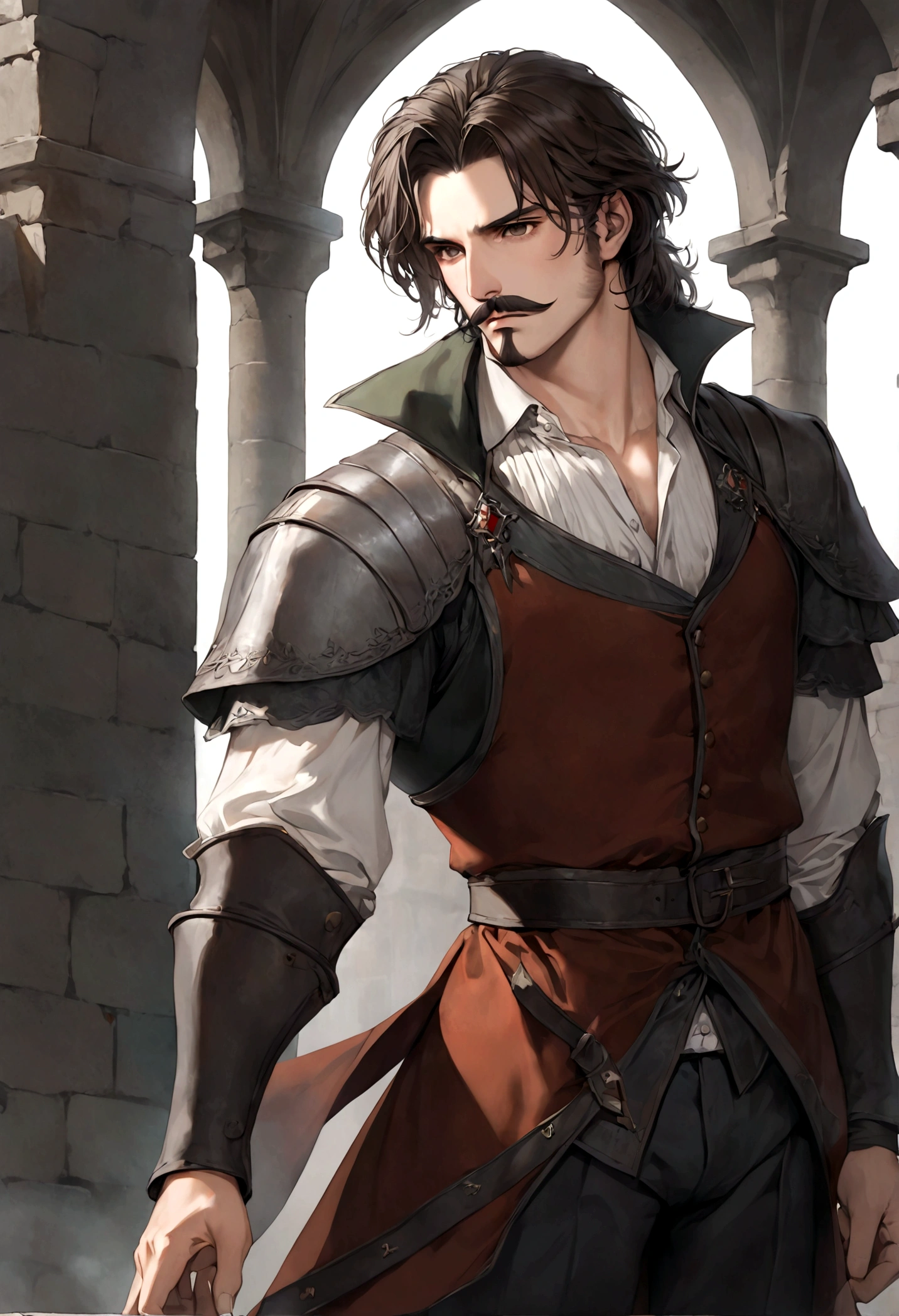 (Una gran armadura medieval para hombre), ), ((bigote estilo Van Dyke y (barba de chivo) "Van Dyke", Van Dyke beard)), (light brown eyes), Aspecto atractivo y serio, ((cabello muy largo oscuro, messy hair)), Elegante y con estilo, armadura, Un hombre maduro similar al actor Jim Morrison con el cabello largo, ((cabello muy largo)), (Imagen realista y de alta calidad), castillo medieval, ((La mejor calidad, 8K, obra maestra).((dynamic pose with forward gaze, viendo al espectador)), (cabello largo pasando los hombros)
