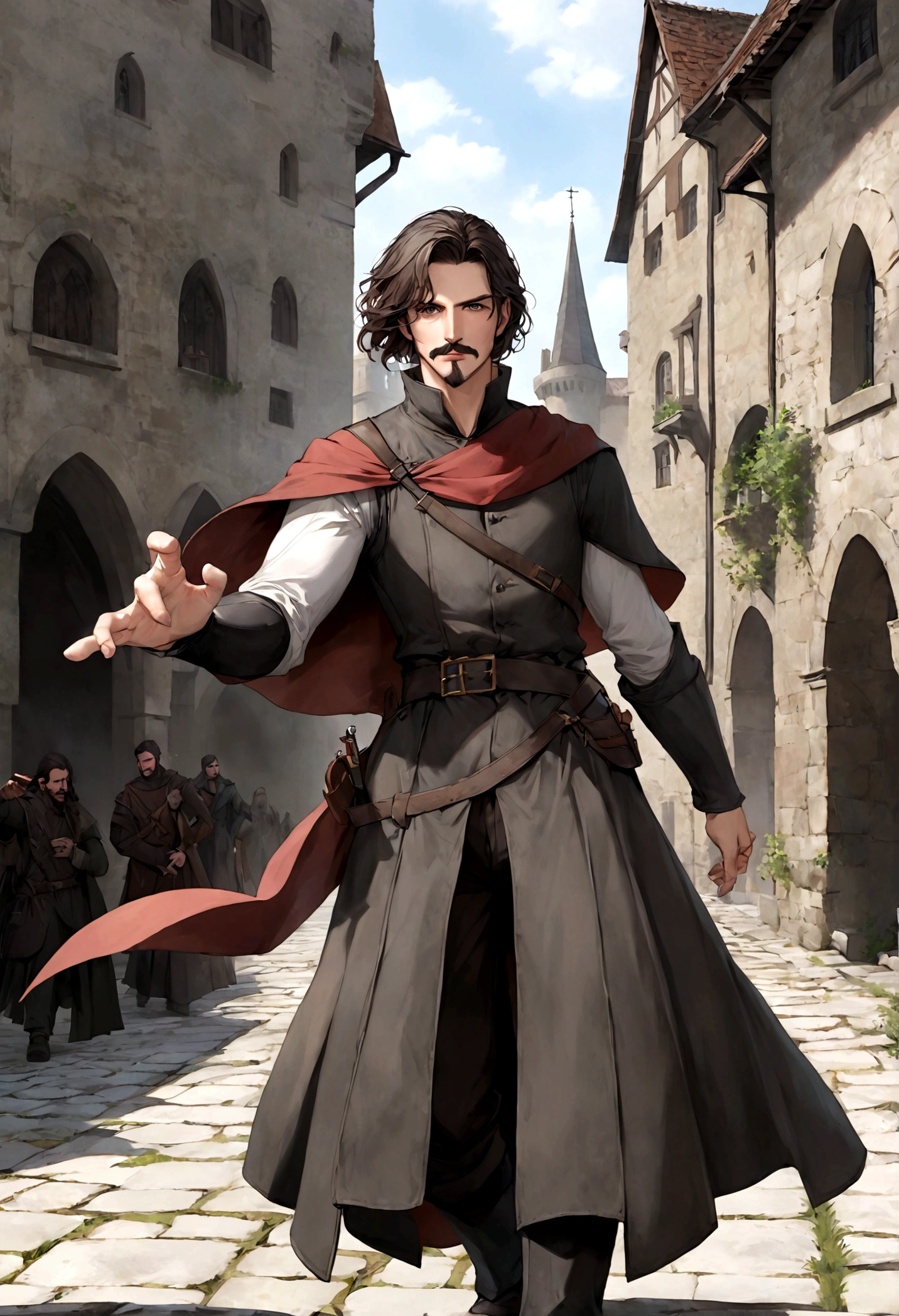 (Una gran armadura medieval para hombre), ), ((bigote estilo Van Dyke y (barba de chivo) "Van Dyke", Van Dyke beard)), (light brown eyes), Aspecto atractivo y serio, ((cabello muy largo oscuro, messy hair)), Elegante y con estilo, armadura, Un hombre maduro similar al actor Jim Morrison con el cabello largo, ((cabello muy largo)), (Imagen realista y de alta calidad), castillo medieval, ((La mejor calidad, 8K, obra maestra).((dynamic pose with forward gaze, viendo al espectador)), (cabello largo pasando los hombros)