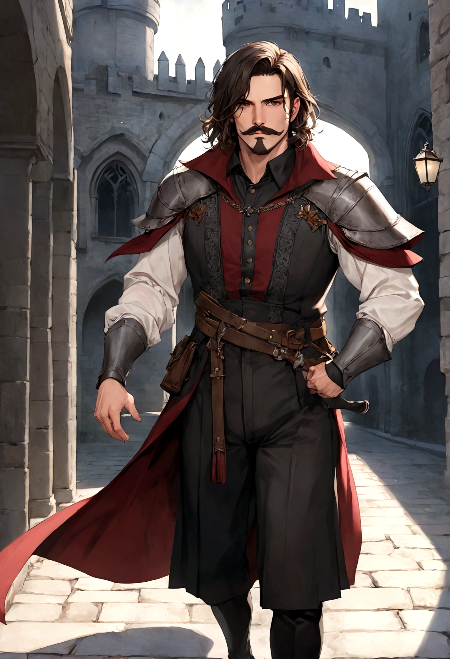 (Una gran armadura medieval para hombre), ), ((bigote estilo Van Dyke y (barba de chivo) "Van Dyke", Van Dyke beard)), (light brown eyes), Aspecto atractivo y serio, ((cabello muy largo oscuro, messy hair)), Elegante y con estilo, armadura, Un hombre maduro similar al actor Jim Morrison con el cabello largo, ((cabello muy largo)), (Imagen realista y de alta calidad), castillo medieval, ((La mejor calidad, 8K, obra maestra).((dynamic pose with forward gaze, viendo al espectador)), (cabello largo pasando los hombros)