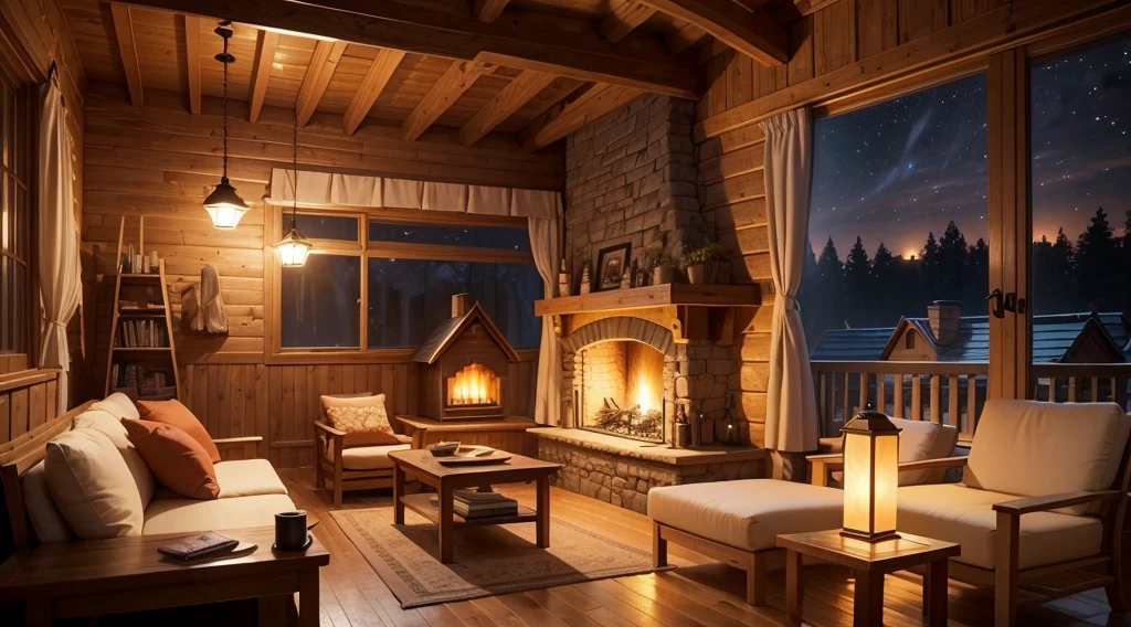 Cartoon background of wooden house living room, This night outside](Comfortable atmosphere), (Soft lighting), Bright stone fireplace fire, This is the best night, Transparent glass window