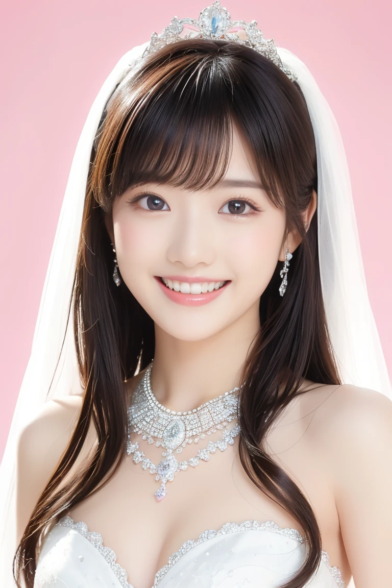(Highest quality、Tabletop、8k、Best image quality、Award-winning works)、One beautiful bride、(alone:1.1)、(The most extravagant and gorgeous huge pure white wedding dress:1.1)、(Perfect Wedding Lace:1.2)、(The most gorgeous and luxurious giant tiara:1.3)、(The most extravagant and luxurious giant necklace:1.3)、(Huge jeweled tiara:1.3)、(Large Breastsの谷間:1.2)、(Large Breasts:1.2)、Smiling widely and showing off beautiful teeth、Look at me with your best smile、The finest jewellery decoration、Perfect Makeup、Long eyelashes、Ultra HD Shining Eyes、Ultra HD Hair、Ultra-high resolution glossy lips、Ultra High Resolution Perfect Teeth、Super high resolution beautiful face、(Accurate anatomy:1.1)、Very bright and beautiful skin、very bright and vivid、Beautiful glossy lips、Perfect beautiful bridal hairstyles、(Front facing body:1.1)、(Solid pink background:1.2)、Full Body Photo