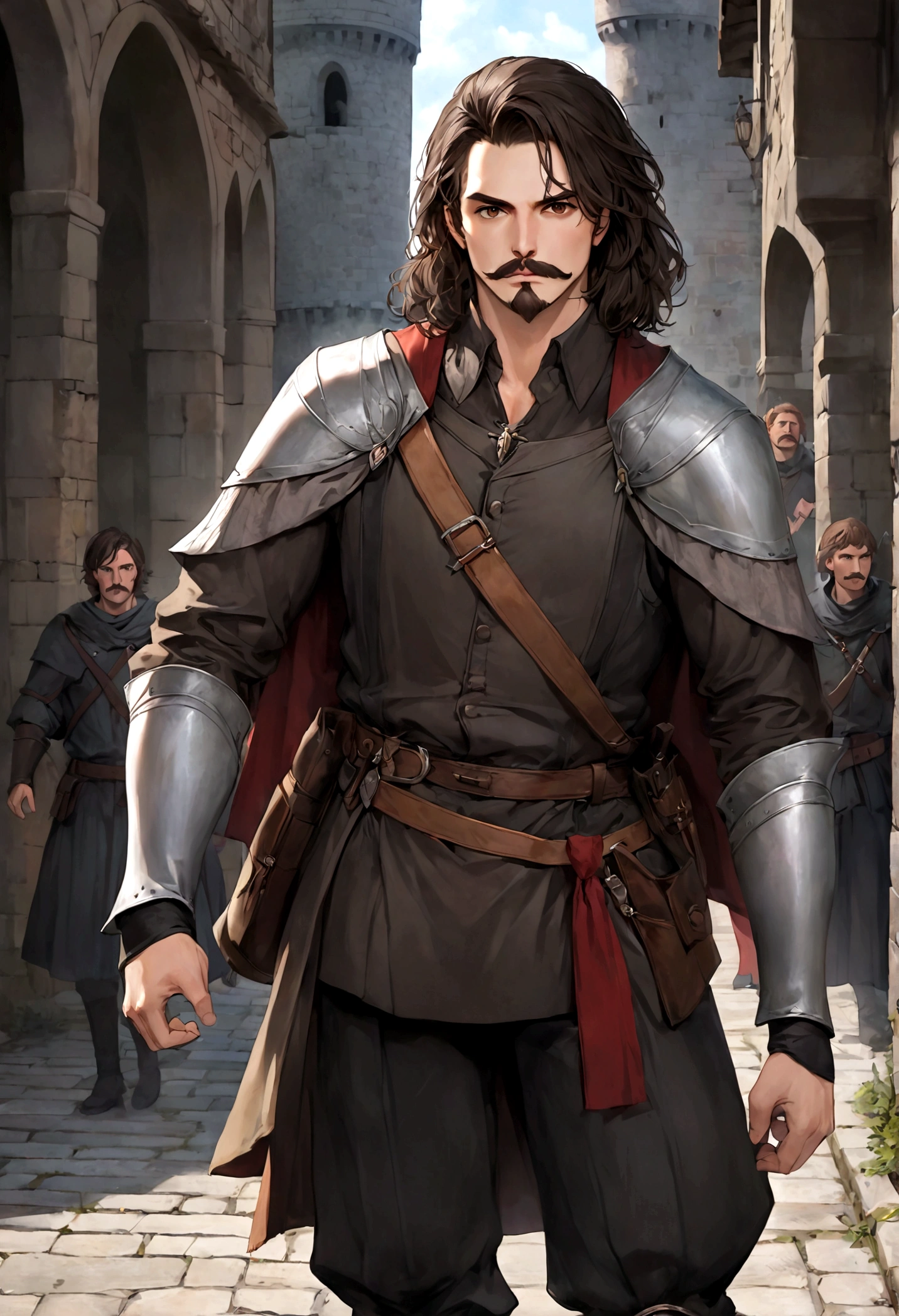 (Una gran armadura medieval para hombre), ), ((bigote estilo Van Dyke y (barba de chivo) "Van Dyke", Van Dyke beard)), (light brown eyes), Aspecto atractivo y serio, ((cabello muy largo oscuro, messy hair)), Elegante y con estilo, armadura, Un hombre maduro similar al actor Jim Morrison con el cabello largo, ((cabello muy largo)), (Imagen realista y de alta calidad), castillo medieval, ((La mejor calidad, 8K, obra maestra).((dynamic pose with forward gaze, viendo al espectador)), (cabello largo pasando los hombros)