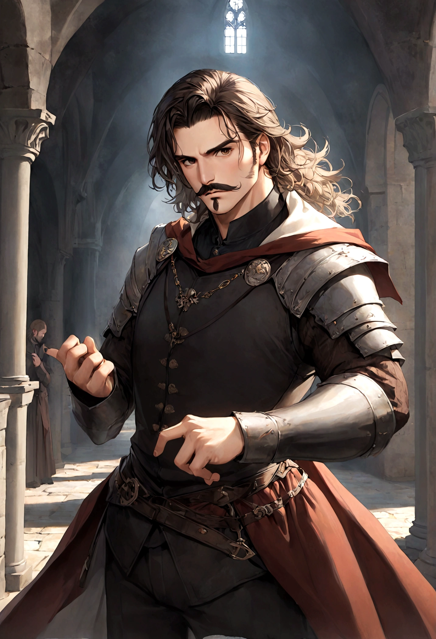 (Una gran armadura medieval para hombre), ), ((bigote estilo Van Dyke y (barba de chivo) "Van Dyke", Van Dyke beard)), (light brown eyes), Aspecto atractivo y serio, ((cabello muy largo oscuro, messy hair)), Elegante y con estilo, armadura, Un hombre maduro similar al actor Jim Morrison con el cabello largo, ((cabello muy largo)), (Imagen realista y de alta calidad), castillo medieval, ((La mejor calidad, 8K, obra maestra).((dynamic pose with forward gaze, viendo al espectador)), (cabello largo pasando los hombros)