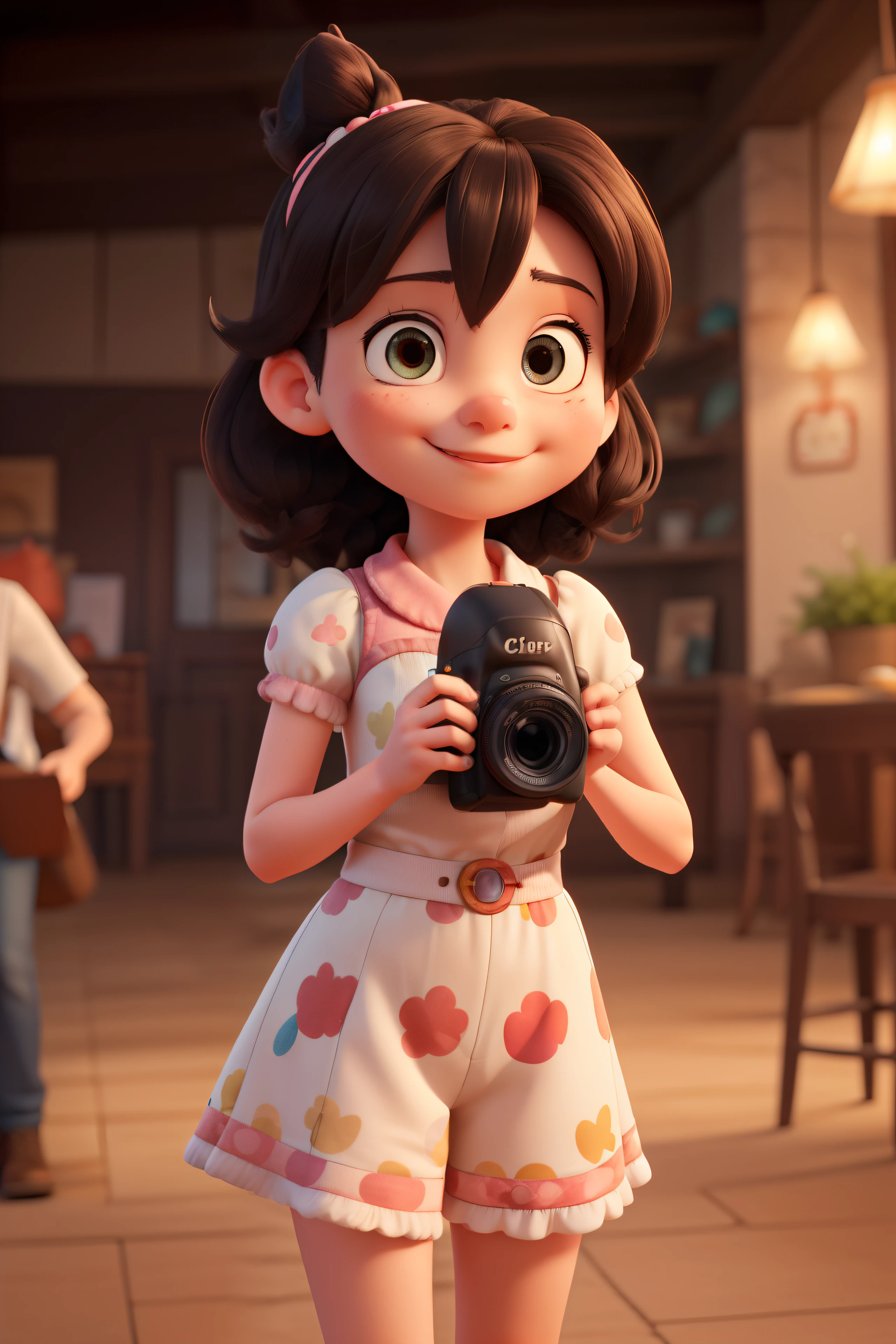 Cute Disney character cartoon girl focusing on clicking photos with a camera on her face