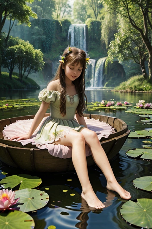 Create several illustrations for the fairy tale Thumbelina , about a girl sitting in a water lily 