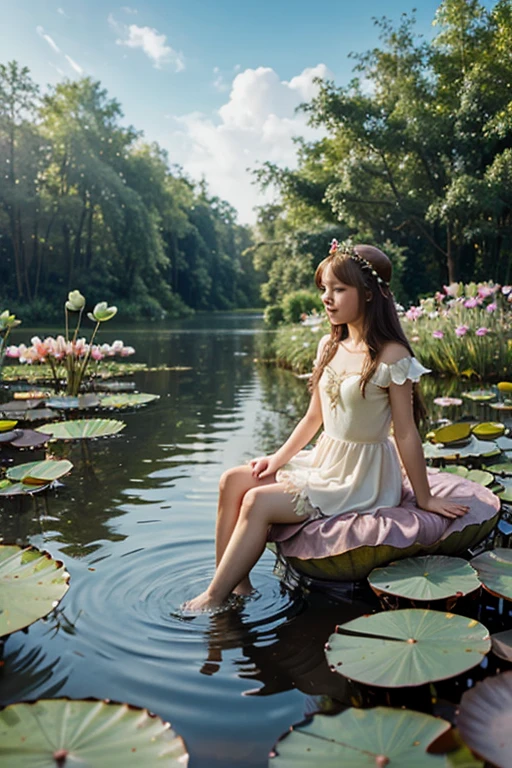 Create several illustrations for the fairy tale Thumbelina , about a girl sitting in a water lily