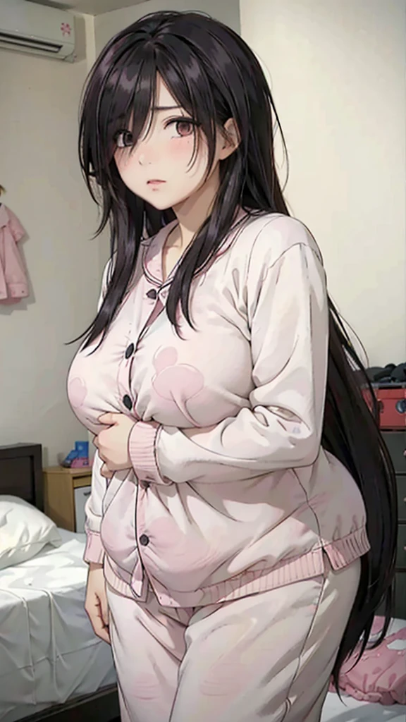 1girl,perfect ,black hair, long hair, (hair over one eye:1.4), messy hair, hair between eyes, plump, chubby,fat, saggy breast, cute motif pajama, cute shy blush on , bedroom 