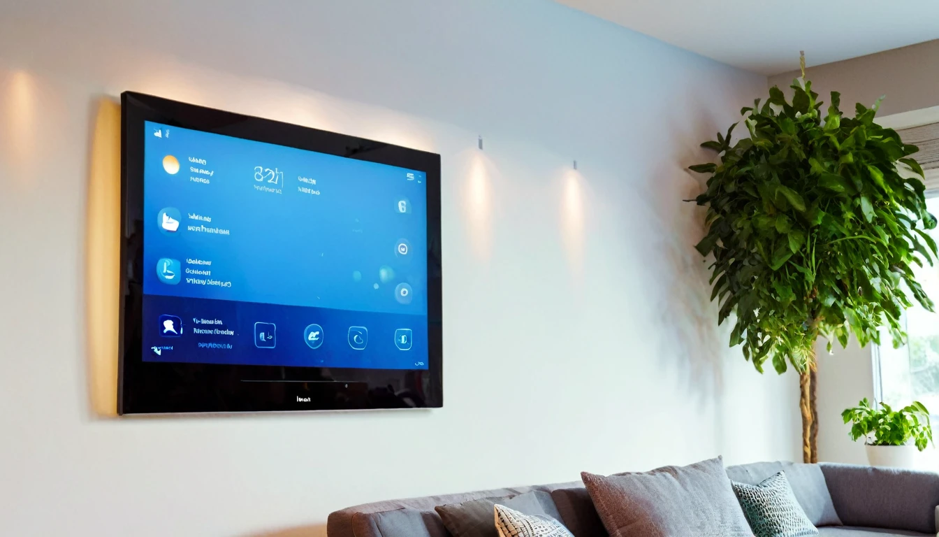 At 7 PM in a cozy, modern living room, a user is interacting with a large, wall-mounted touchscreen controlling various aspects of their smart home. The screen displays options for lighting, temperature, and security systems. The room has contemporary furniture, indoor plants, and dim ambient lighting creating a warm atmosphere. The camera is positioned at eye level, focusing on the user's hand touching the screen, with the room's decor softly blurred in the background