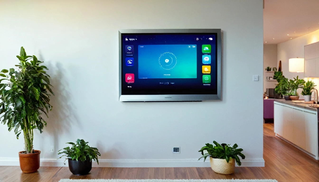 At 7 PM in a cozy, modern living room, a user is interacting with a large, wall-mounted touchscreen controlling various aspects of their smart home. The screen displays options for lighting, temperature, and security systems. The room has contemporary furniture, indoor plants, and dim ambient lighting creating a warm atmosphere. The camera is positioned at eye level, focusing on the user's hand touching the screen, with the room's decor softly blurred in the background