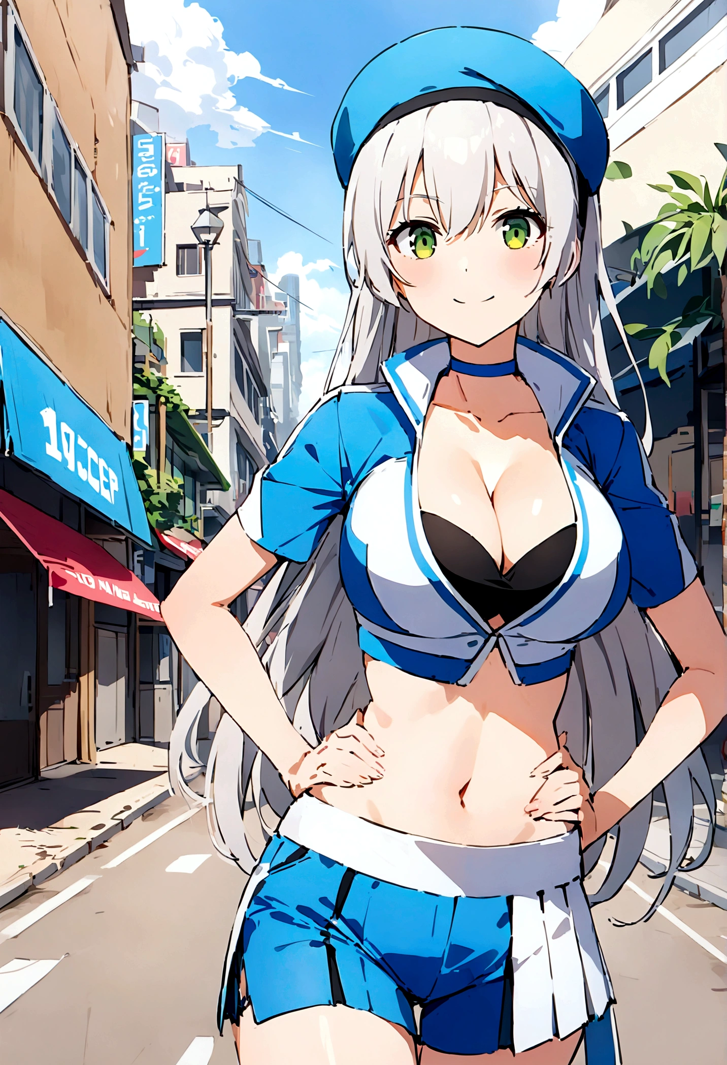 score_9, score_8_up, score_7_up,4k, ,BREAK , (from front,),standing,straight-on,hands on hips,1girl,RACEELIE,silver hair,long hair,HAIRBAND, CHOKER, BLUE HAT, BLUE JACKET, CROPPED JACKET, CLEAVAGE,large breast,, MIDRIFF, BLUE SHORTS, PLEATED SKIRT,(light smile),(daytime and beachside and city), ,(best quality),(aesthetic,very aesthetic),