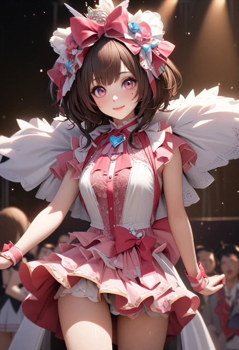 One Girl、Looking at the audience、
Beautiful pink eyes、brown bob hair、,Her name is Mei, Mole under the eye、Plump and glossy lips、Heart-shaped choca、Idol、Her name is Rico,smile、ー、。.。.。.。.。.。.。.。.。.。.。.。.。.。.。.。.。.。.3D、Realistic、
IDOL costumes、Short skirt,Drape clothes、gem、The decoration has been removed、Floral、Lace trim,On a glittering stage、
masterpiece、highest quality、8k、Detailed skin texture、Detailed cloth texture、Beautifully detailed face、Intricate details、Very detailed、
超A high resolution、8k Ultra HD、Film Grain、Best Shadow、delicate、Gazing at the audience、front