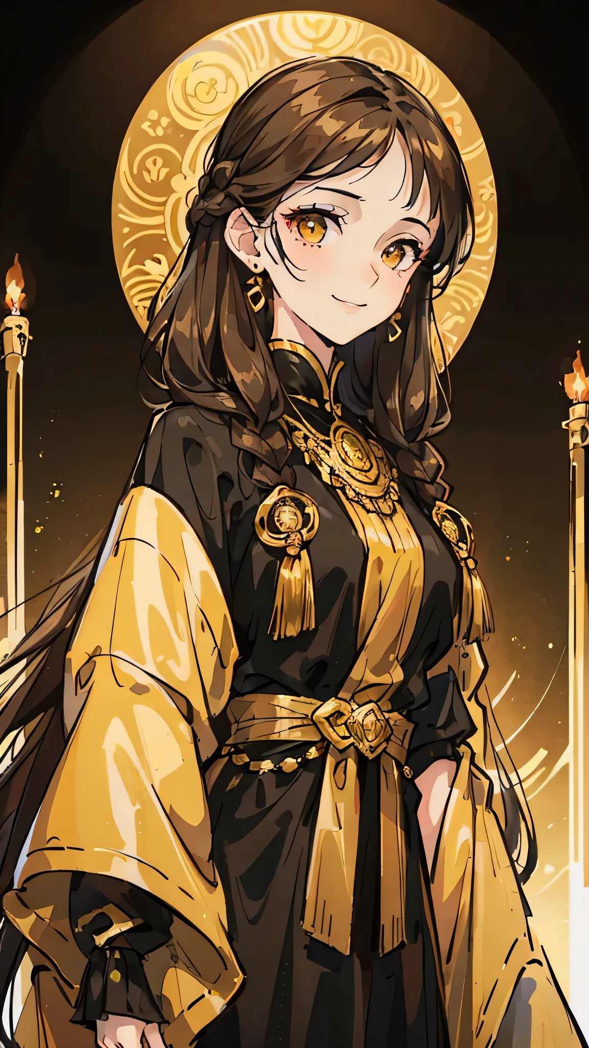 Woman , long dark brown hair, long dark brown hair , golden eyes, golden eyes, FOV, f1.8, masterpiece, front portrait shot, black and gold casual modern clothing, plain gold colored background, close up, smiling, front bangs, braid on the left side of hair, full front bangs