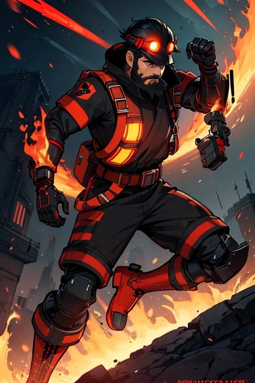 male, orange eyes, black hair, tan skin, (((1boy))), (((red and black futuristic Fire Rescue uniform))), (red Fire Rescue helmet), (black cybernetic gauntlets), (black boots), (black belt), long legs, trimmed beard, moustache