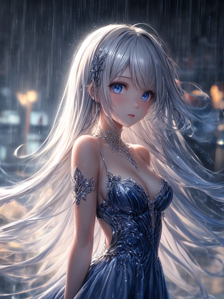 Rain concept art,(masterpiece),(Highest quality:1.2),(Perfect Anatomy),(1 girl),Beautiful and detailed blue eyes,Beautiful silver hair,Blue dress,(Highly detailed elegant),Classic Style,Rich colors,Vivid texture, Detailed skin,(Great composition, Epic scale), Dynamic Lighting, Bright colors, Written boundary depth, Silky to the touch,Dynamic Composite,Delicate texture,Blue shining rain,City at night with rain,Wide Shot,whole body