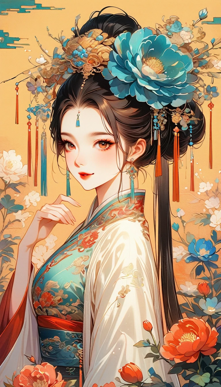 A beautiful young woman in traditional Chinese attire, sweet smile, from side, eyes look at other side, fashion pose, charming and attractive sexy pose, surrounded by a lush garden. gazing at it with gentle eyes. The woman's hair is styled in an elaborate updo adorned with flowers and traditional ornaments. Her dress is elegant, featuring fine silk with floral embroidery. The garden is in full bloom, with peonies and other flowers providing a backdrop. The scene captures the serenity and beauty of classical Chinese art, with a touch of nature harmony, (((Ultra-high saturation, high natural saturation, extremely bright colors)))