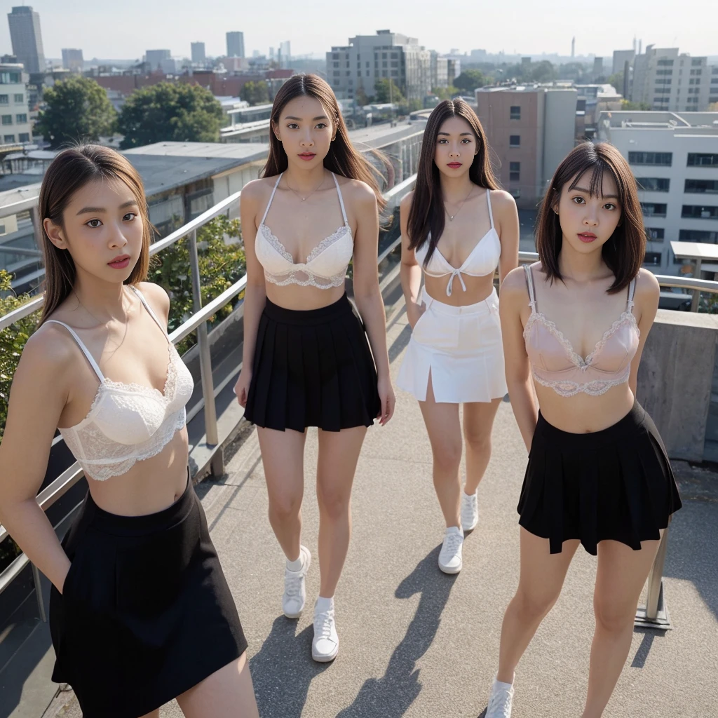 photo realistic of 3 beautiful german oriental lined up. students with friends. bob hair. transparent, see through. home lace bra. in rooftop balcony. half body view. nsfw. walking pose. knee apart. ((medium dark)) tight office skirt. body 160 centimeters heights.