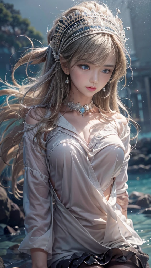 (32k:1.5, Highest quality, masterpiece, Ultra-high resolution), (Night beach, Dramatic moonlight:0.9, Mysterious World:1.2, Expressions of sadness:1.0), Side Shot, Fractal Art:1.3, Perfect dynamic composition:1.3, Very detailedな肌と顔の質感:1.3, Dynamic flow of waves:1.3, Dynamic wind flow:1.3, The subject is observed from a distance, elegant and sophisticated:0.5, Fair skin, Incredibly slim body:0.9, Very beautiful face, Water droplets on the skin, (Office Lady Uniform:1.3, Crying looking upwards:1.3), Very accurate, Very detailed, Big eyes that exude beauty, Beautiful Lips, Unreal atmosphere, Earrings, bracelet
