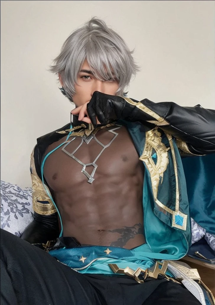 Boy, sixpack, commander style, short hair, perfect face, silver hair