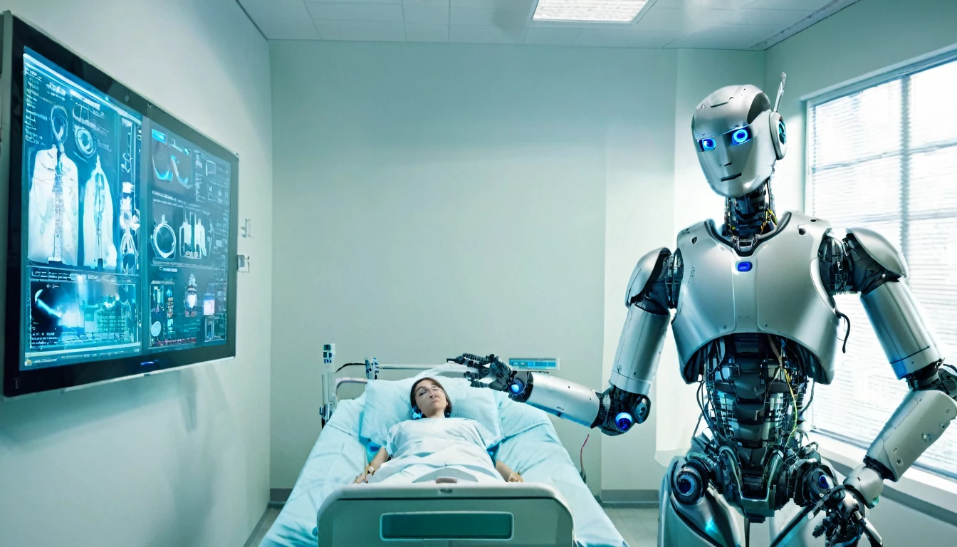 At 2 PM in a sterile, futuristic hospital room, a robot assistant equipped with advanced medical tools is helping a doctor examine a patient. The robot displays patient data on an integrated screen. The room is well-lit with bright, clean lighting, and high-tech medical equipment is visible in the background. The camera captures a close-up shot of the robot's screen showing the patient’s vitals, with the doctor and patient slightly out of focus but still identifiable