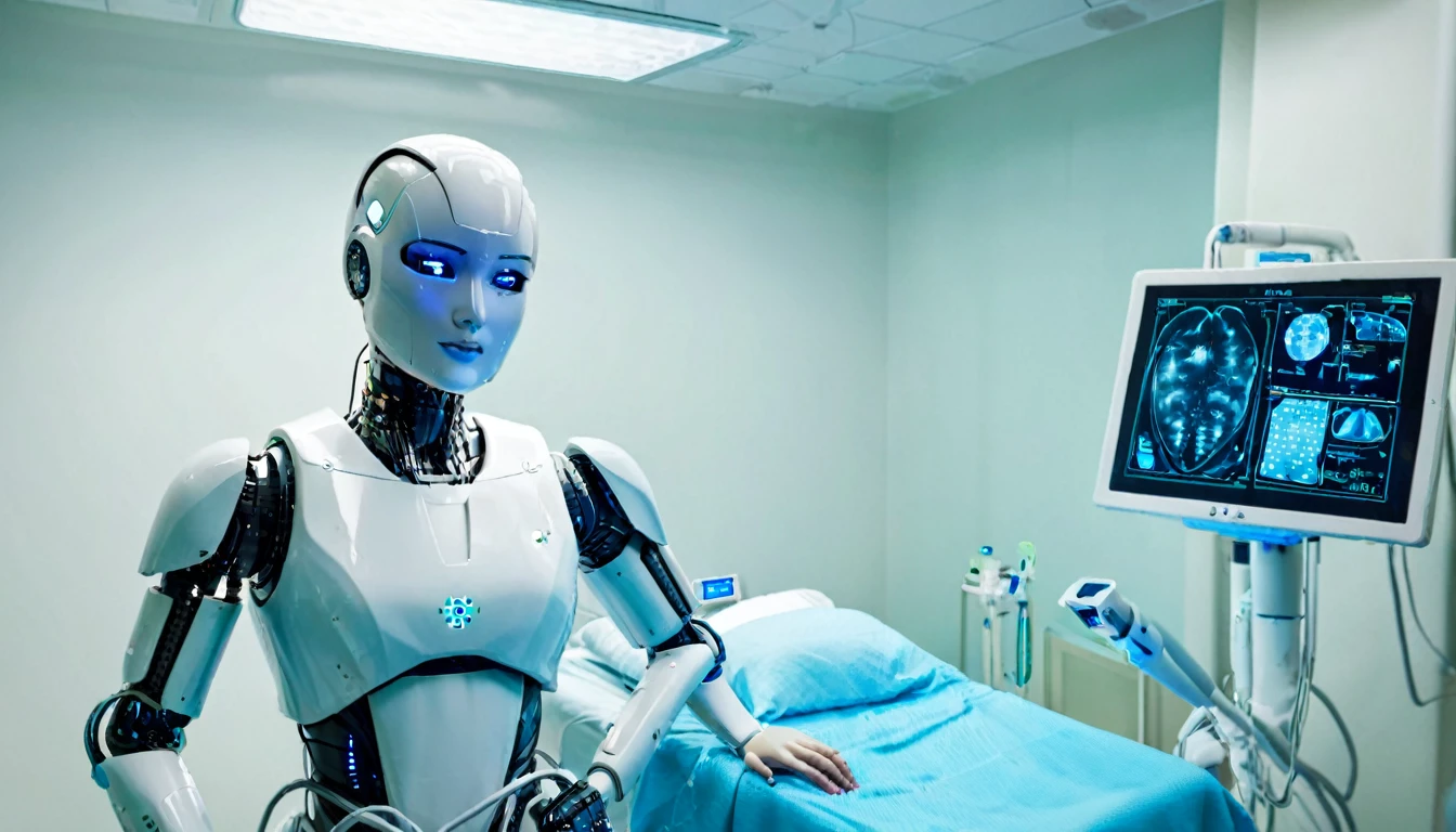 At 2 PM in a sterile, futuristic hospital room, a robot assistant equipped with advanced medical tools is helping a doctor examine a patient. The robot displays patient data on an integrated screen. The room is well-lit with bright, clean lighting, and high-tech medical equipment is visible in the background. The camera captures a close-up shot of the robot's screen showing the patient’s vitals, with the doctor and patient slightly out of focus but still identifiable