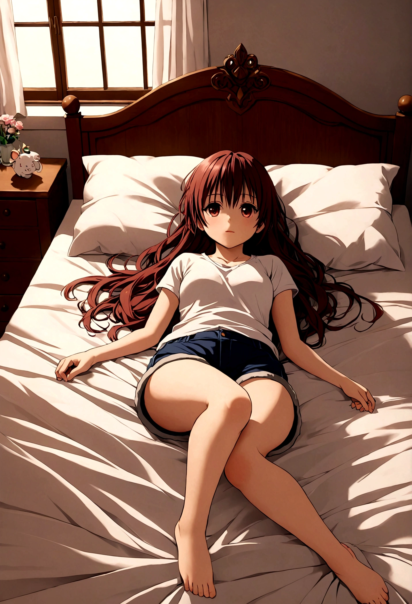 A beautiful sister in the second dimension,shorts,No shoes,Lying on the bed