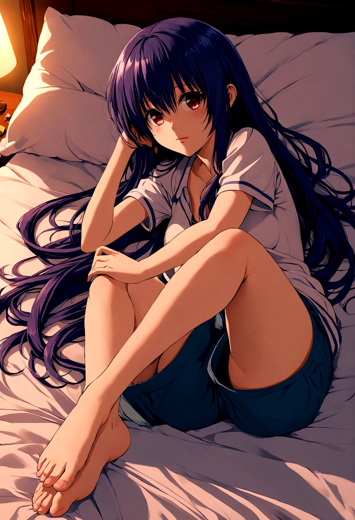 A beautiful sister in the second dimension，shorts，No shoes，Lying on the bed