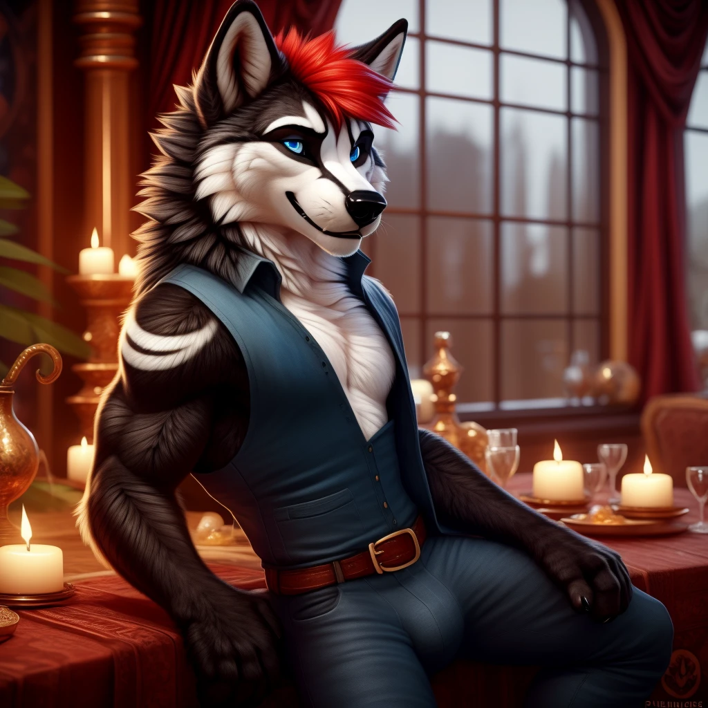 full body, male, wolf, black fur, white markings, red hair, seductive smile, sexy pose, blue eyes, detailed eyes, detailed background, ball room, fluffy fur, feminine, ultra detailed, 8k, fully clothed, depth of field, by anchee, by phenyanyanya, by ketei, by clockhands,