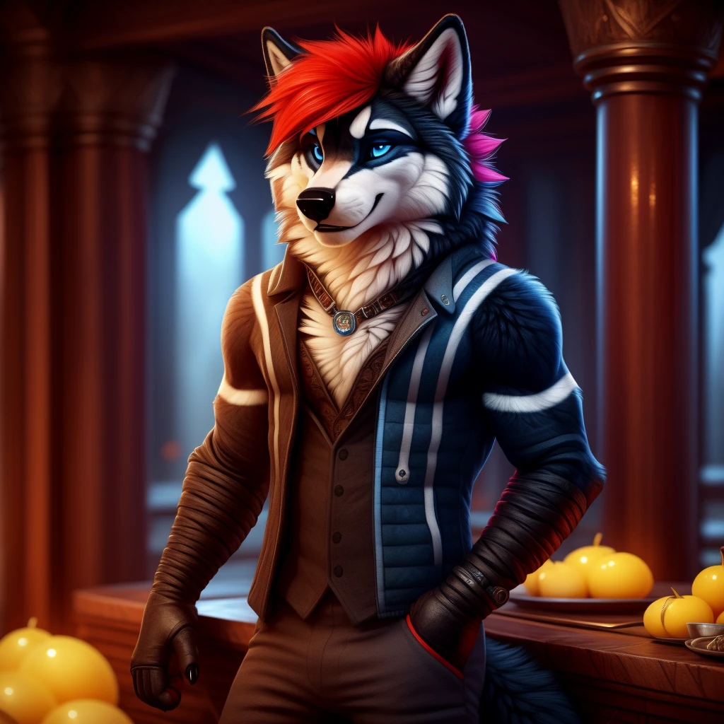full body, male, wolf, black fur, white markings, red hair, seductive smile, sexy pose, blue eyes, detailed eyes, detailed background, ball room, fluffy fur, feminine, ultra detailed, 8k, fully clothed, depth of field, by anchee, by phenyanyanya, by ketei, by clockhands,