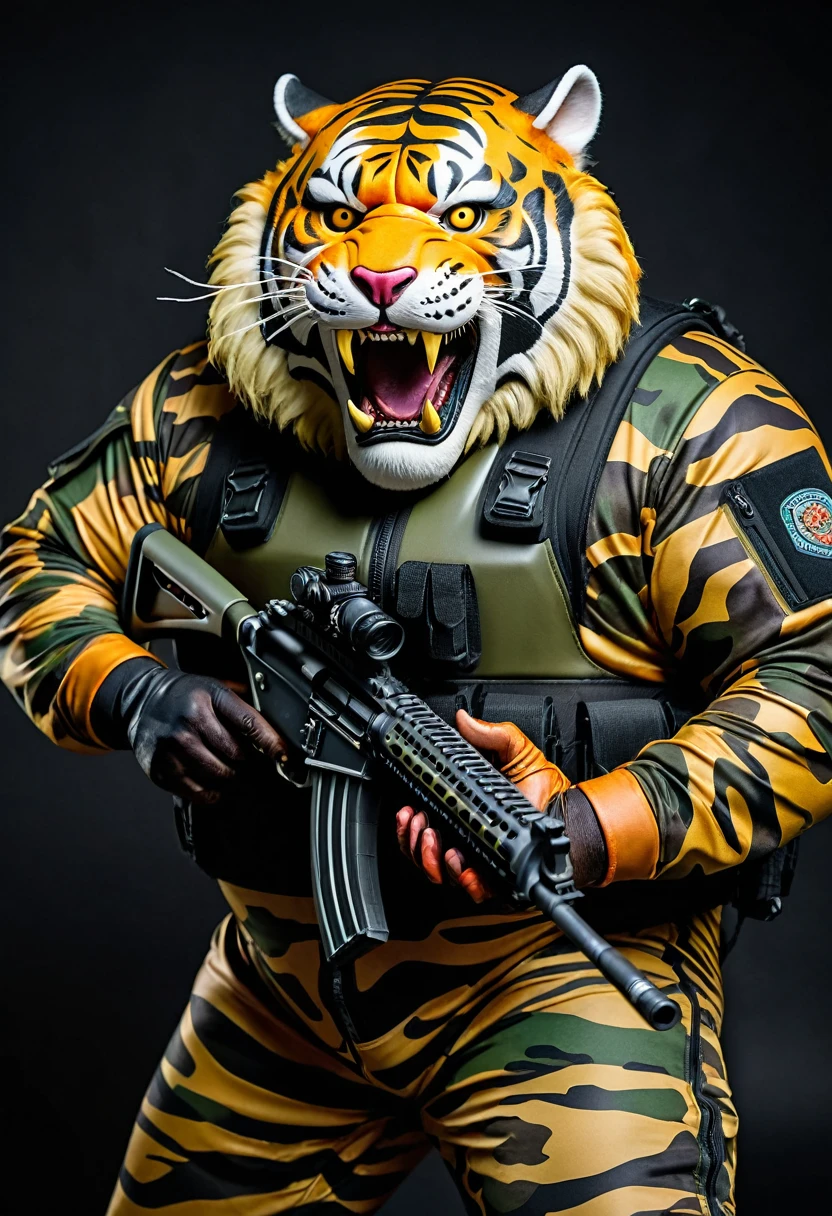 (a dark-skinned fat old man in a bulky camouflage zipper diver suit) shooting with a rifle and (wearing realistic roaring siberian tiger mask), muscular, Basuki Abdullah, sumatraism, action, a character portrait, heroic, fierce, snarling