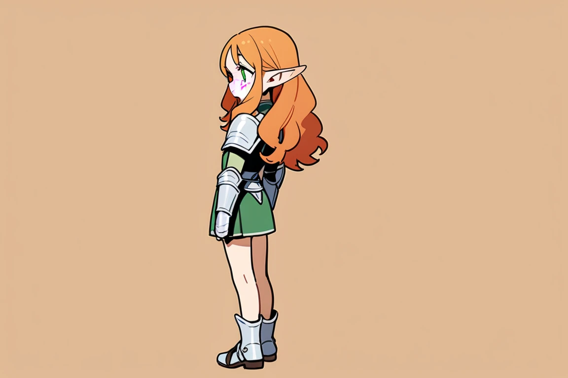 (The same character,front,side,back),Simple background,(whole body)girl,Orange hair,Long curly hair,Green eyes,Look ahead,Wearing armor,Freckles on the face,Elf ears,Short skirt,Equal proportions,The same clothes,Wearing the same shoes,whole body像,有front有side有back