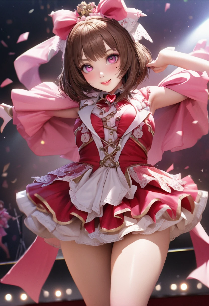 One Girl、Looking at the audience、
Beautiful Pink Eyes、short twintail hair、,Mole under the eye、Plump and glossy lips、Heart-shaped choca、Idol、she is name Riko,smile、ー、。.。.。.。.。.。.。.。.。.。.。.。.。.。.。.。.。.。.3D、Realistic、
idol costume、short skirt,Drape clothes、gem、The decoration has been removed、Floral、Lace trim,On the glittering stage、
masterpiece、highest quality、8k、Detailed skin texture、Detailed cloth texture、Beautifully detailed face、Intricate details、Very detailed、
超A high resolution、8K Ultra HD、Film Grain、Best Shadow、delicate、Staring at the audience、front
