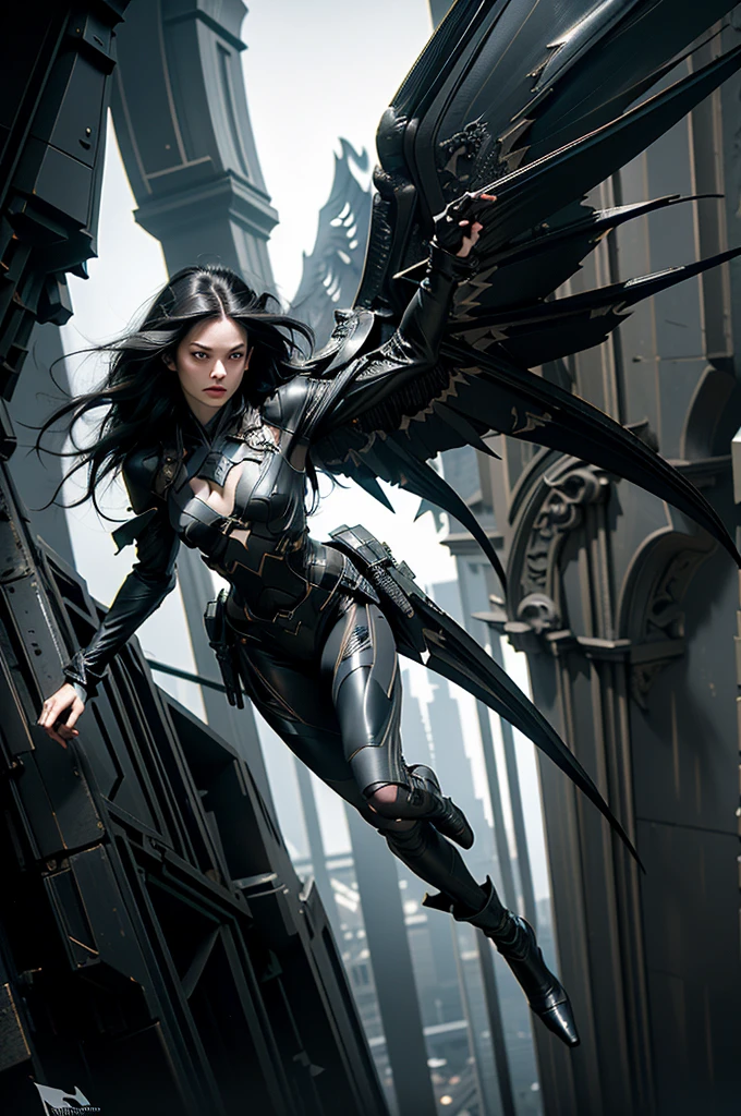 ((((Stealthy sophisticated))), 1girl, silhouette, flight, (((gargoyle wings, wingsuit:0.9))), dark eyes, pale skin, ((black hair, long hair, dark hair))), ((high contrast)), foliage, ((blurry surroundings)), ((mid flight)), shadowy eyes, ((vertical composition)), (checkingback), interesting pose
