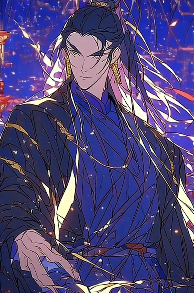 a man in a black robe, young and handsome man, ponytail, long hair, ancient Chinese clothing, qi, a huge saber, ancient Chinese buildings in the background, night, powerful character, purple rays, a beautiful landscape. Detailed face, 8k, embroidered tunic with gold edges, detailed clothing, xianxia, ​​cultivation world