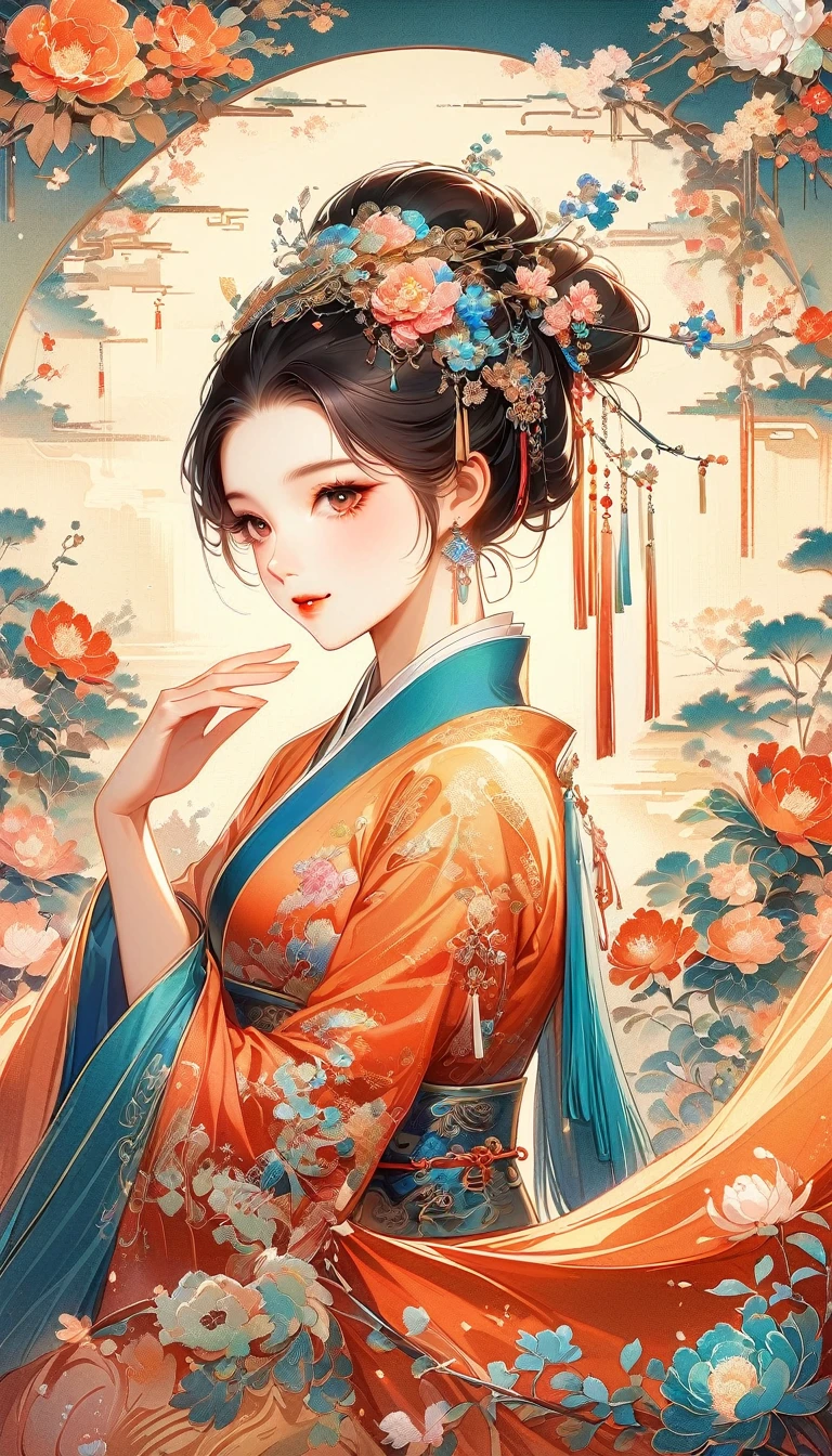A beautiful young woman in traditional Chinese attire, sweet smile, from back, eyes look at other side, fashion pose, charming and attractive sexy pose, surrounded by a lush garden. gazing at it with gentle eyes. The woman's hair is styled in an elaborate updo adorned with flowers and traditional ornaments. Her dress is elegant, featuring fine silk with floral embroidery. The garden is in full bloom, with peonies and other flowers providing a backdrop. The scene captures the serenity and beauty of classical Chinese art, with a touch of nature harmony, (((Ultra-high saturation, high natural saturation, extremely bright colors)))