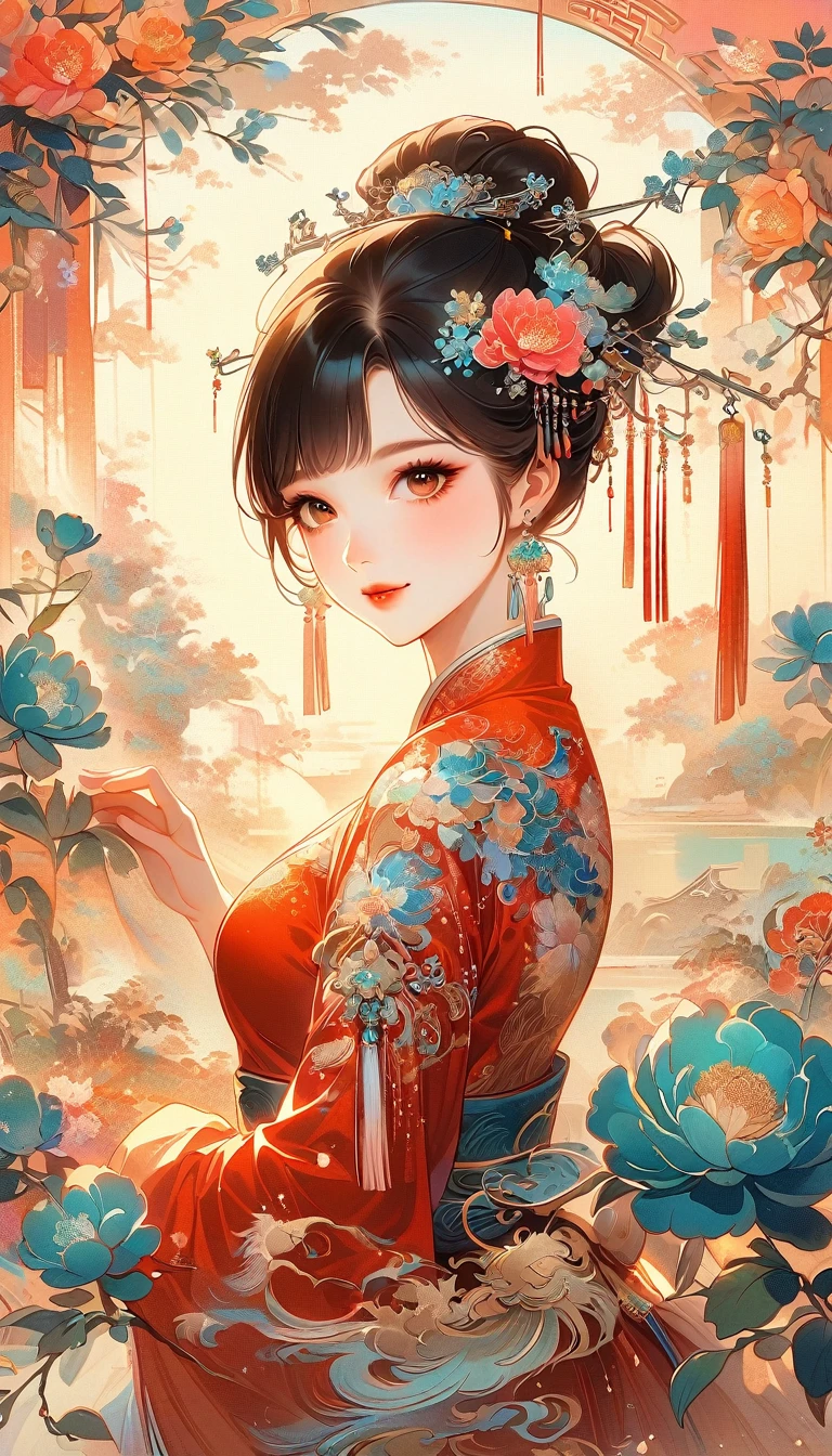 A beautiful young woman in traditional Chinese attire, sweet smile, from back, eyes look at other side, fashion pose, charming and attractive sexy pose, surrounded by a lush garden. gazing at it with gentle eyes. The woman's hair is styled in an elaborate updo adorned with flowers and traditional ornaments. Her dress is elegant, featuring fine silk with floral embroidery. The garden is in full bloom, with peonies and other flowers providing a backdrop. The scene captures the serenity and beauty of classical Chinese art, with a touch of nature harmony, (((Ultra-high saturation, high natural saturation, extremely bright colors)))