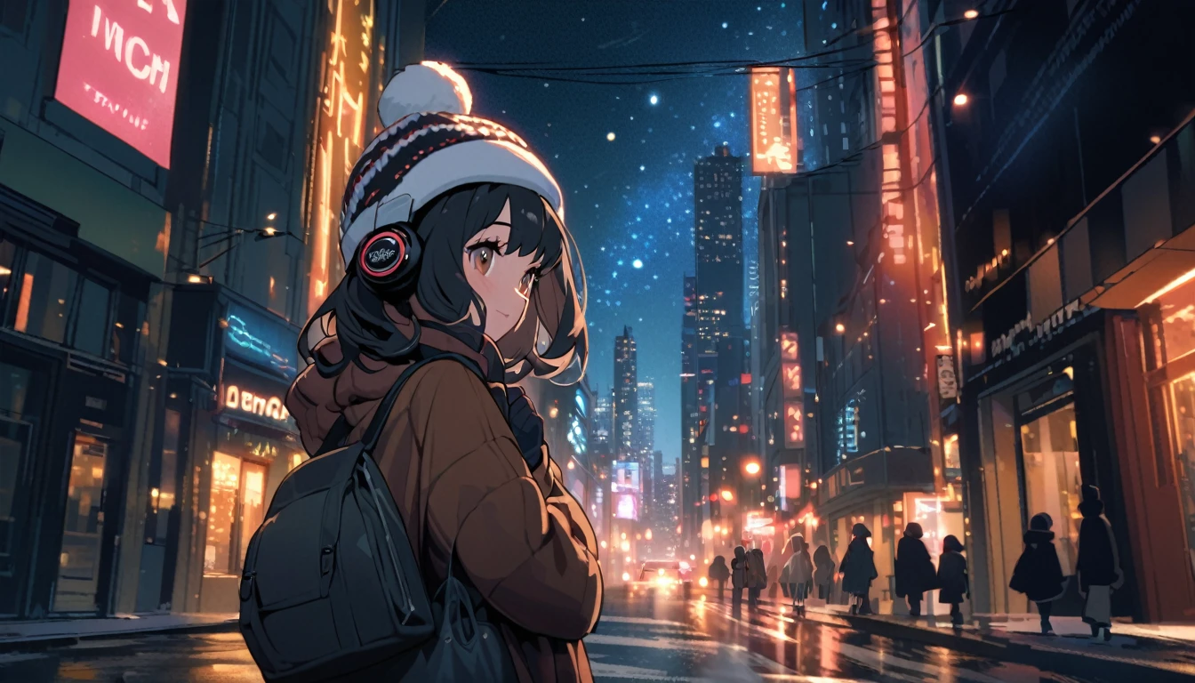 lofi relaxed one brunette girl with headphones walks in streets of NYC.ing. winter night. beautiful landscape of NYC in night sky. travel. tourist. sweater, gloves, winter hat. long black hair.