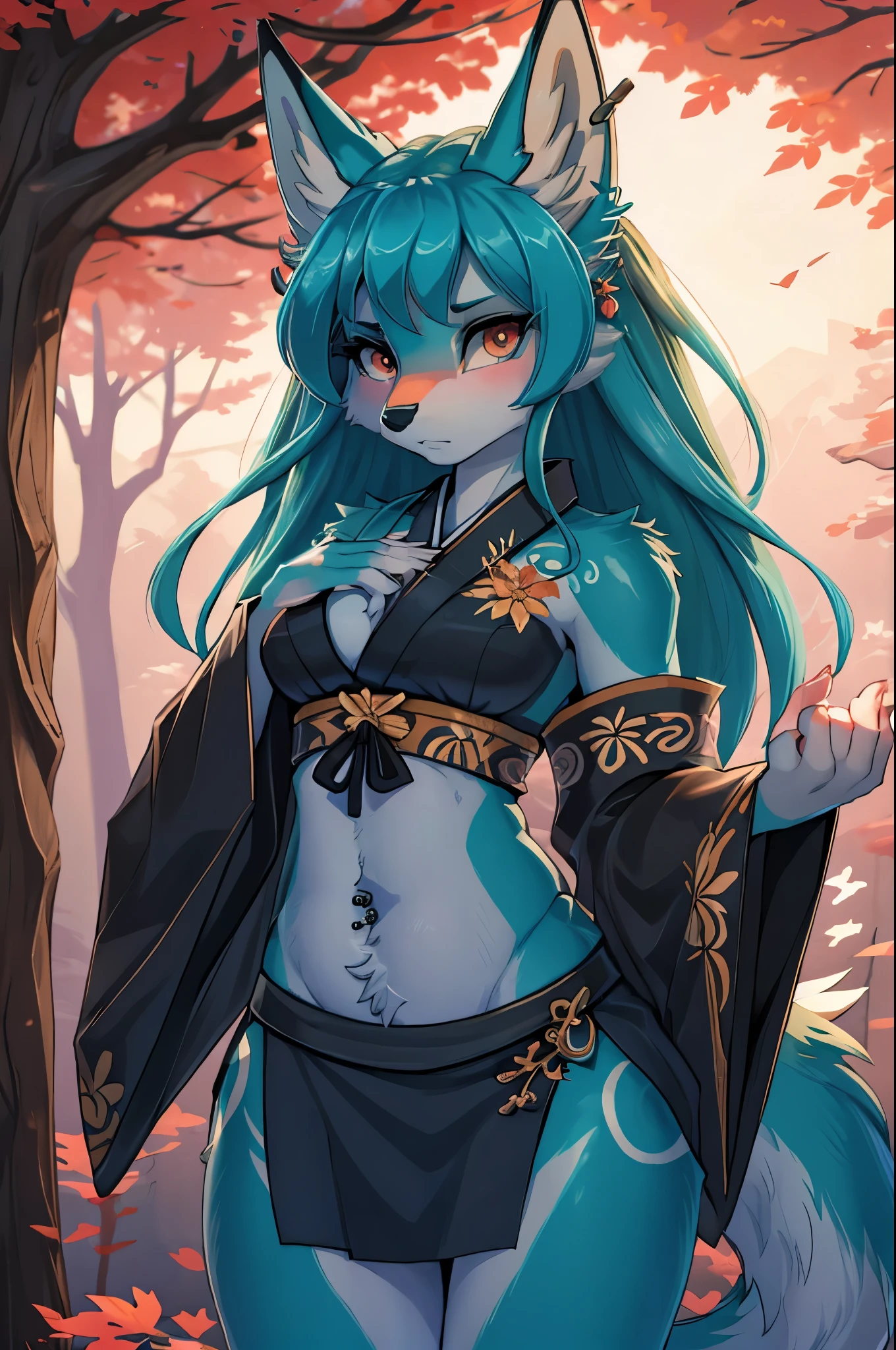 ica anime, anime style, cute hatsune miku x suicune, shy girl , Orejas de Kitsune, arte de dark natasha, autum forest landscape, arte de vixen aztra, cuerpo completo, patas hermosas, cintura delgada, caderas amplias, piernas torneadas, hermosa, foto de cuerpo completo, sensual navel blouse, black skirt, navel piercing, ear piercing, navel tattoo, shy pose, back pose, hands up, black body, beatifull and detailed hands, kimono, beatifull age,japanesse feudal pries costume, misterious and beautiful japanese landscape