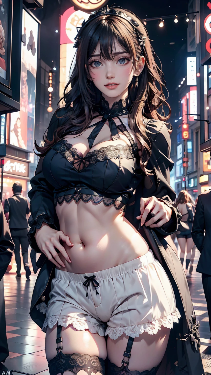 Mature Caucasian Woman、Sexy Gothic Lolita Fashion、Shibuya Scramble Crossing、smile、Mini length、Too much exposure、Exposed thighs、I can see my belly button、Lace decoration、Sexy、Low rise、Don't wear shorts