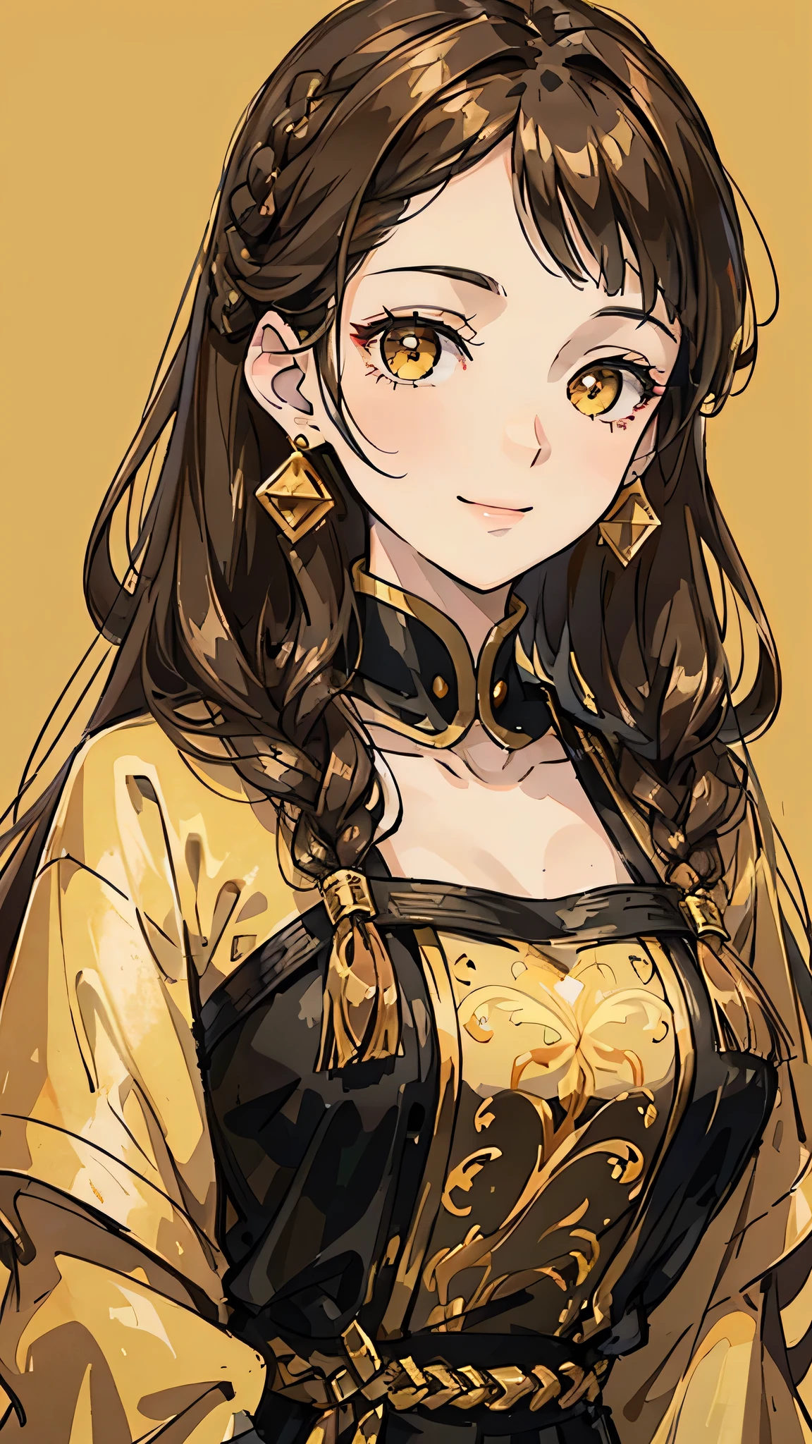 Woman , long dark brown hair, long dark brown hair , golden eyes, golden eyes, FOV, f1.8, masterpiece, front portrait shot, black and gold casual modern clothing, plain gold colored background, close up, smiling, front bangs, front bangs, bangs, braid on the left side of hair, full front bangs