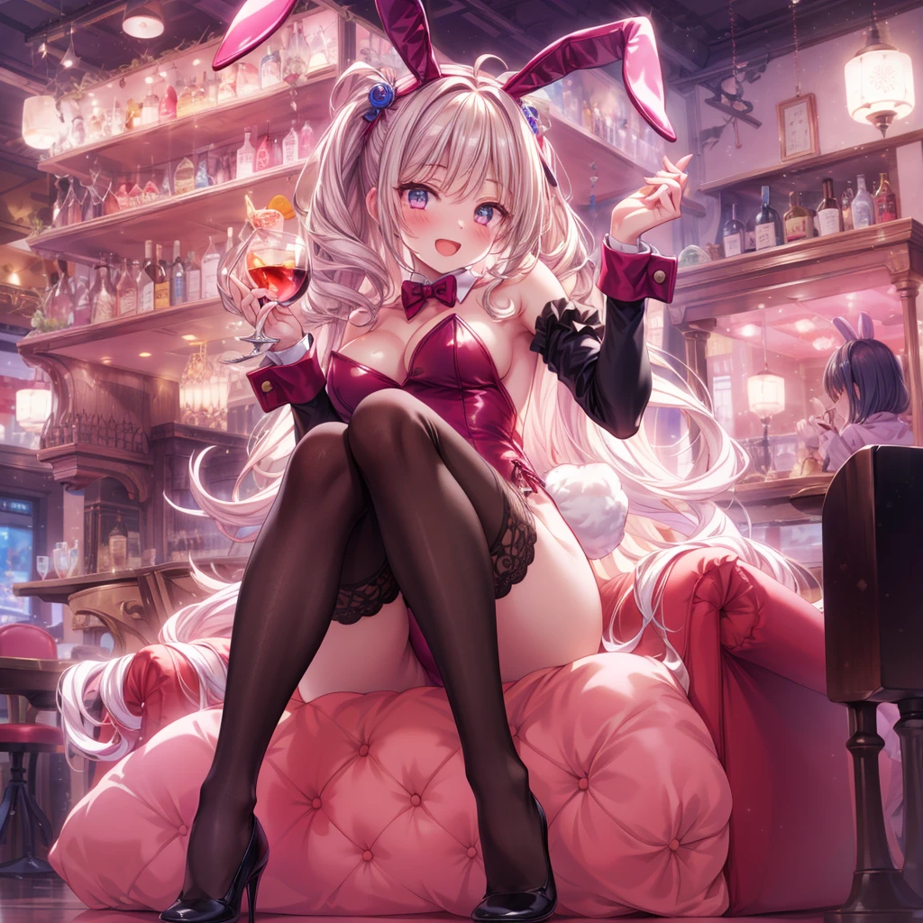 masterpiece, best quality, high resolution, extremely detailed CG, absurdres, highres, expressive eyes,  perfect face, 1girl, a cute sexy girl in ((bunny_suit)), kawaii, casino, night club, sexy_posing, fishnet_thighhighs, large_breasts, ((wine)) ,((detailed_background)), happy, :D