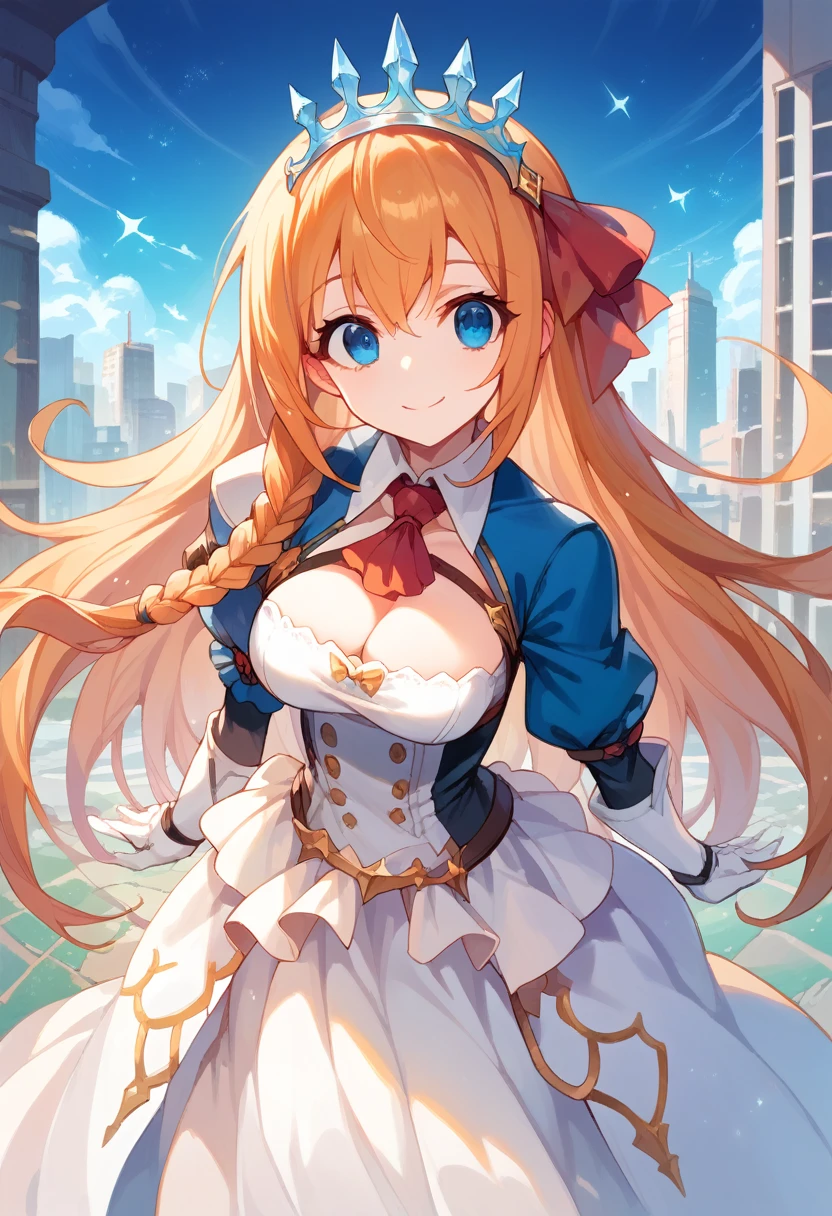 anime style, pov view, pecorine, mature female, blue eyes, big chest, hair ornament, long hair, orange hair, tiara, braid, hair braid, standing, smile, city, future city theme, Volumetric light, Volumetric particles,