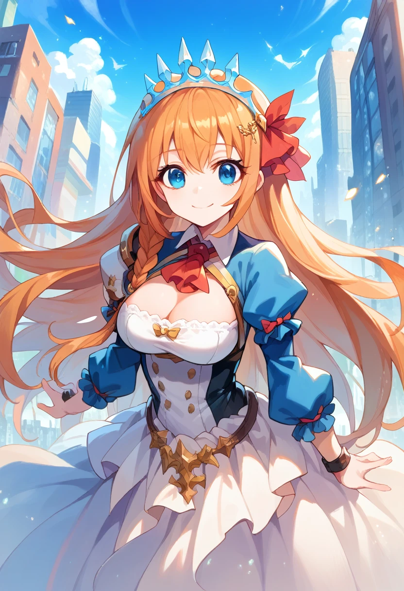 anime style, pov view, pecorine, female, blue eyes, big chest, hair ornament, long hair, orange hair, tiara, braid, hair braid, standing, smile, city, future city theme, Volumetric light, Volumetric particles,