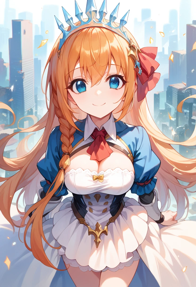 anime style, pov view, pecorine, mature female, blue eyes, big chest, hair ornament, long hair, orange hair, tiara, braid, hair braid, standing, smile, city, future city theme, Volumetric light, Volumetric particles,