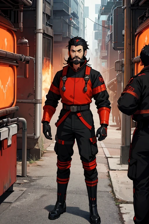 male, orange eyes, black hair, tan skin, (((1boy))), (((red and black futuristic Fire Rescue uniform))), (red Fire Rescue helmet), (black gloves), (black boots), (black belt), long legs, trimmed beard, moustache