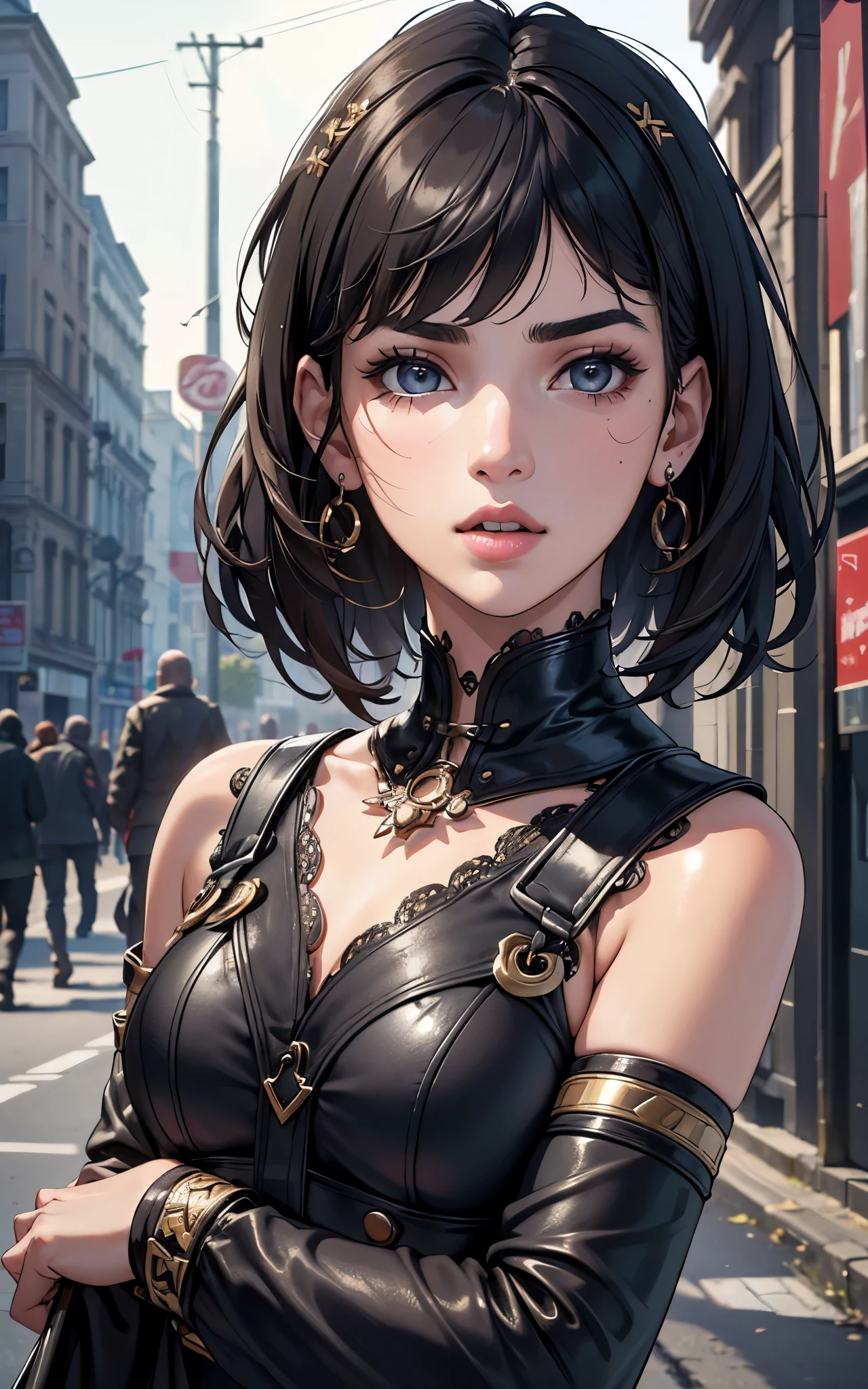 ((Highest quality, 8K, masterpiece :1.3)), Sharp focus :1.2, Perfect Body Beauty: 1.4, Slim Abs: 1.2, ((Dark brown hair, Big Breasts: 1.2)), (Natural light, City Street: 1.1 ), Highly detailed face and skin texture, Fine grain, double eyelid, (((Dynamic Angle)))