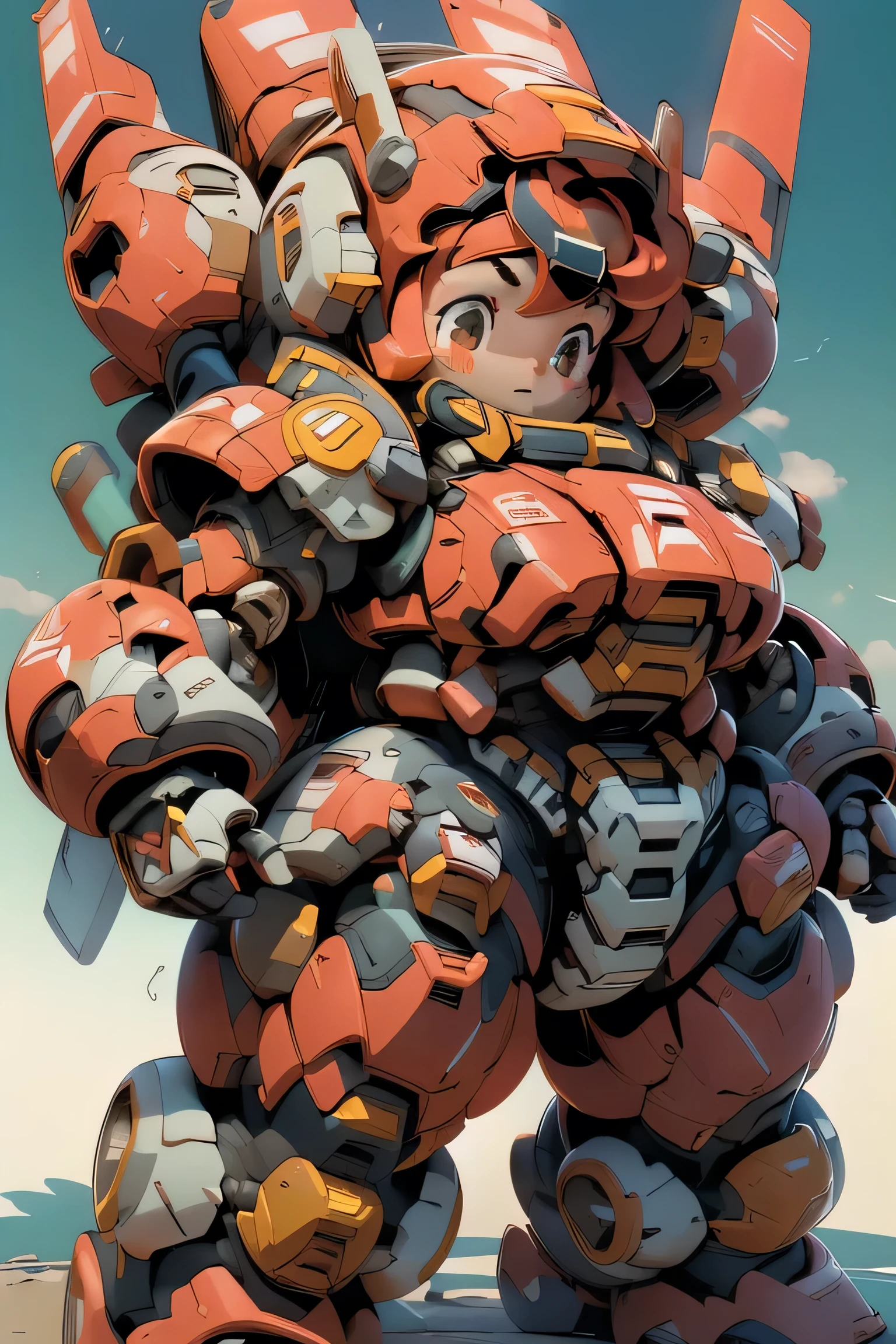 (((1 chibi girl in red-colored robot body costume floating under the blue skies, from below))), (bulky:1.7), ((chibi:1.5)), (niji:1.5), (white red color scheme:1.5), large cute face,red_eyes, looking down, mechanical parts, ((powerful stance:1.5)), ((mechanical wings)), ((dynamic pose)), (full armor:1.7), (bulky armor:1.7), (shoulder guards:1.2), (short body:1.4), (huger body:1.7), (Heavy armament:1.5), (heavy equipment:1.5), ((giant robot)), (helmet), white clouds, robot joints, becoming a mecha, mecha, BJ_Cute_Mech, ROBOTANIMESTYLE, (RARS:1.5), (HRS) BREAK ((masterpiece)), vibrant colors, 8k, best quality, ultra detailed illustration, ((best quality)), ((high resolution)), flawless skin textures, shiny oiled skin, extremely detailed anime eyes , extreme light and shadow
