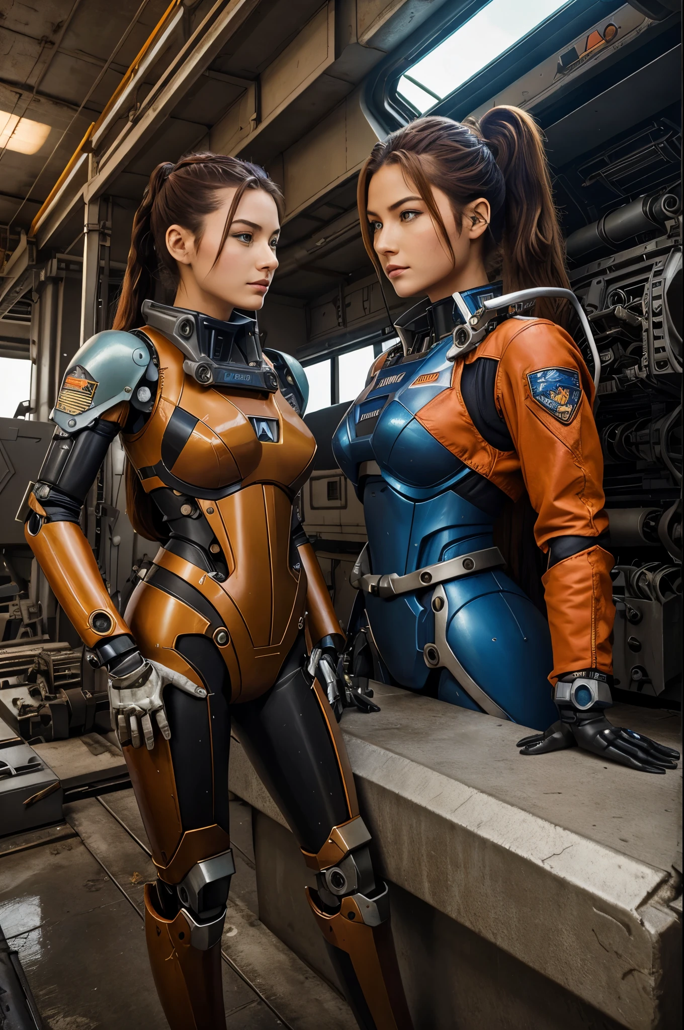 Evangellion Asuka (hair pulled back, iconic pilot suit) is standing next to her Ava(mecha), wartorn city
